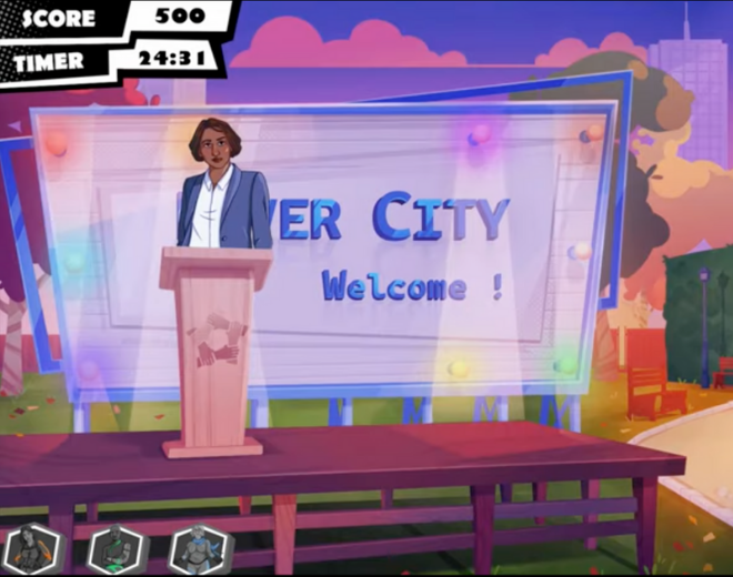 Dans un décor de parc, un personnage parle depuis une scène devant un grand panneau "Welcome to Diver City". Des éléments de jeu comme le score, le temps et des avatars sont affichés à l’écran.