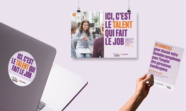 Affiche et guide de la campagne Agefiph 'Ici, c'est le talent qui fait le job' pour la Semaine européenne pour l'emploi des personnes handicapées 2026