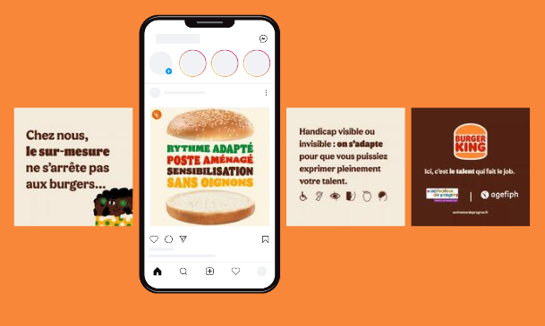 Smartphone affichant un post Instagram Burger King x Agefiph : un burger dont les ingrédients sont remplacés par les mots « rythme adapté, poste aménagé, sensibilisation, sans oignons ». Autour, les autres visuels du carrousel sur fond orange.