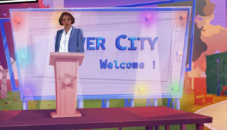 Dans un décor de parc, un personnage parle depuis une scène devant un grand panneau "Welcome to Diver City". Des éléments de jeu comme le score, le temps et des avatars sont affichés à l’écran.