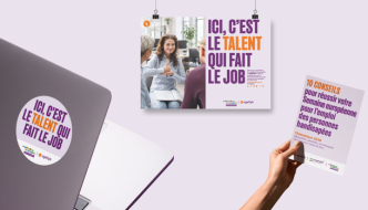 Affiche et guide de la campagne Agefiph 'Ici, c'est le talent qui fait le job' pour la Semaine européenne pour l'emploi des personnes handicapées 2026