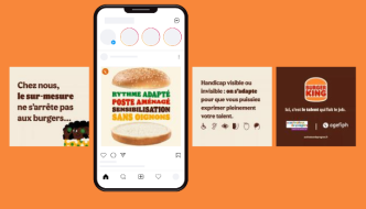 Smartphone affichant un post Instagram Burger King x Agefiph : un burger dont les ingrédients sont remplacés par les mots « rythme adapté, poste aménagé, sensibilisation, sans oignons ». Autour, les autres visuels du carrousel sur fond orange.