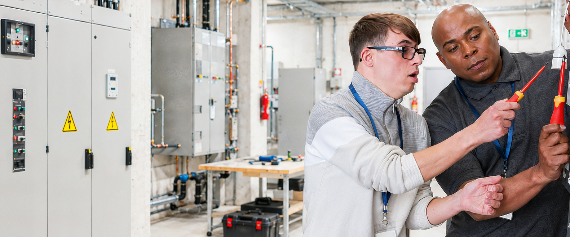 Un jeune technicien accompagné d'un formateur devant une armoire électrique, tous deux équipés de badges et d'outils isolés.