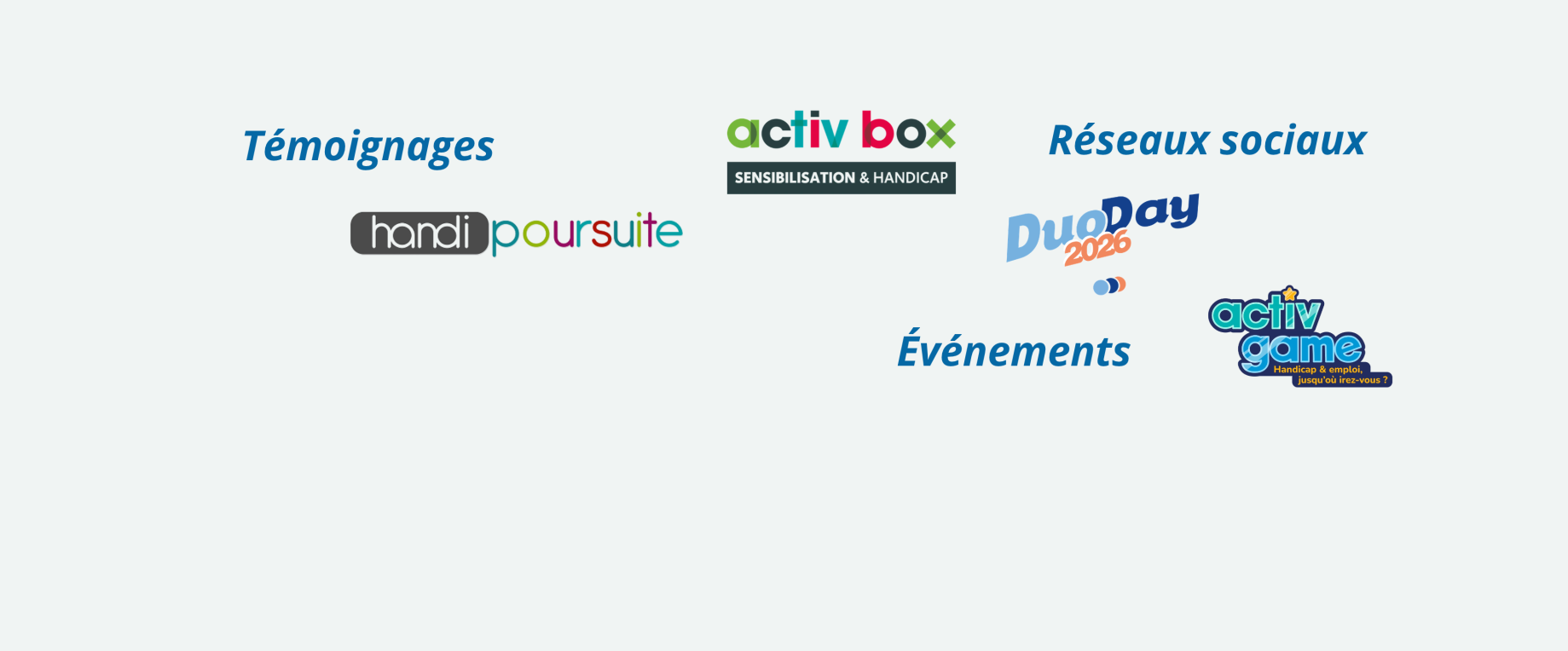 Guide SEEPH : témoignages, réseaux sociaux, événements. Logos Handipoursuite, Activ Box, DuoDay 2026 et Activ Game.